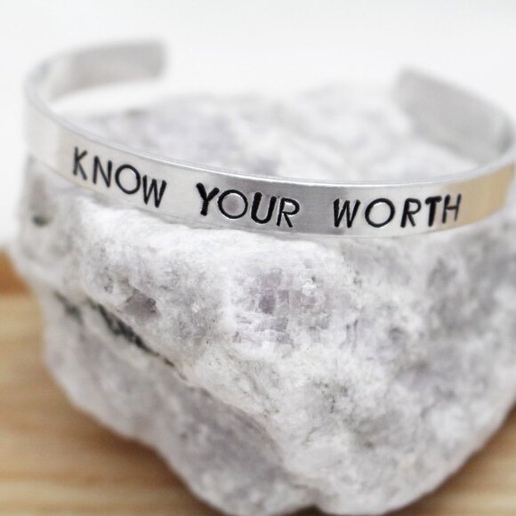 Know Your Worth - Hand Stamped Anodized Aluminum Bangle - Adjustable - Picture 1 of 11
